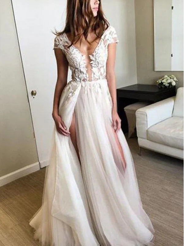 Round Neck Cap Sleeves Backlesss Lace Wedding Dresses, Ivory Backless Lace Prom Dresses Evening Dresses