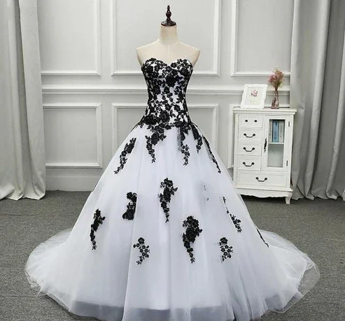 Strapless Beautiful White and Black Long Prom Dress Ball Gown Wedding Dress MD7176