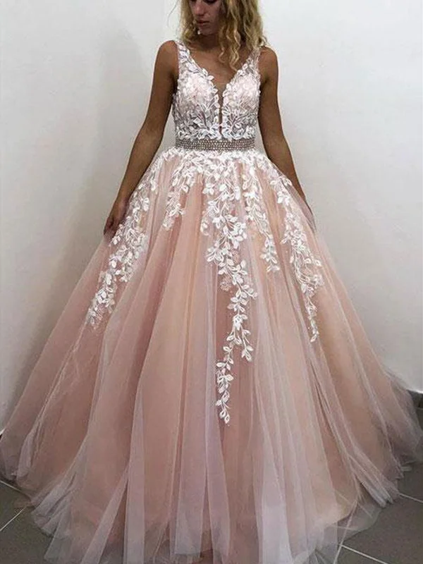 V Neck Pink Lace Prom Dreses, Pink Lace Prom Gown, Pink V Neck Lace Formal Graduation Evening Wedding Dresses