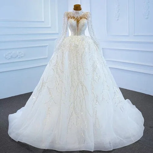 Women's High Neck Full Sleeve Floor Length Lace Wedding Dresses