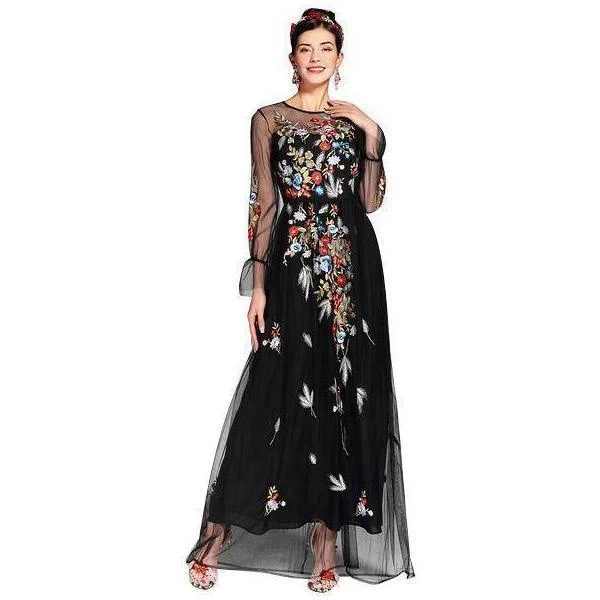 Runway Tulle Gauze Sleeves, with Floral Embroider Vintage Long Dress (US 4-16)