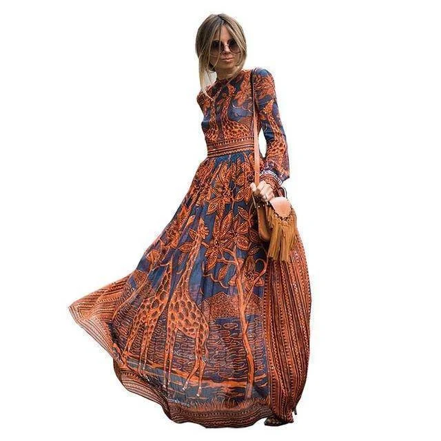 Floral long sleeve Long Dress orange blue  Print Maxi Dress (US 6-16W)