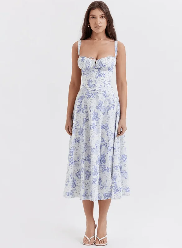 Blue & White Floral Evening Maxi Dress