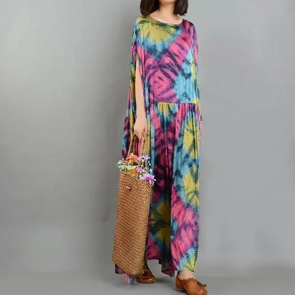 Colorful Short Sleeve Long Hippie Maxi Dress