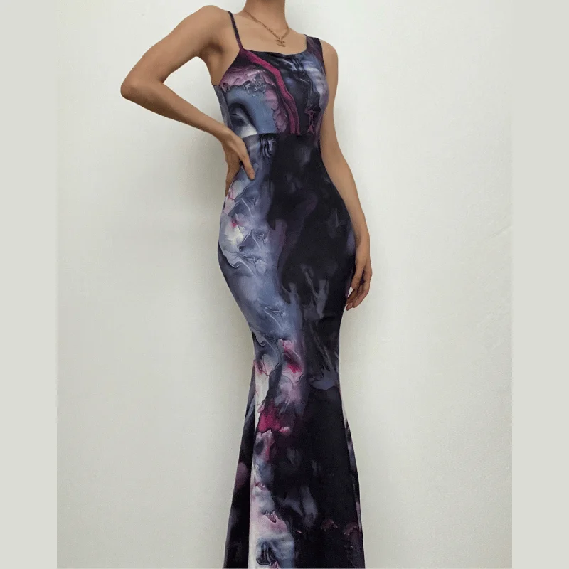 Contrast print irregular sleeveless backless maxi dress