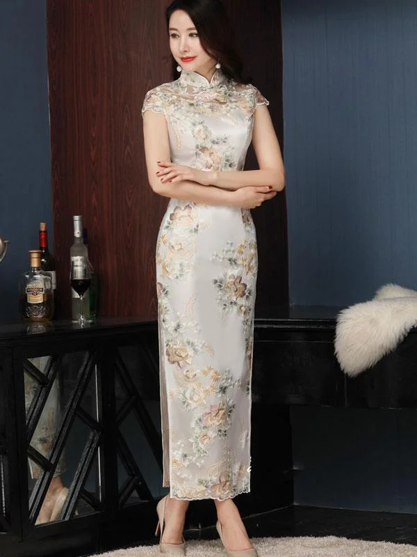 Embroidered Floral Maxi Qipao Cheongsam Prom Dress