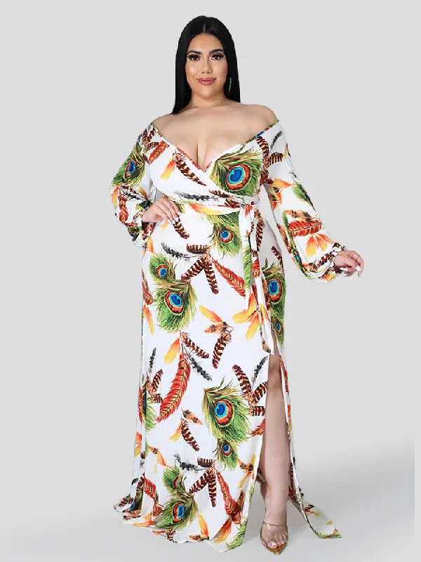 Feather Print V-Neck Crisscross Wrap Maxi Dress