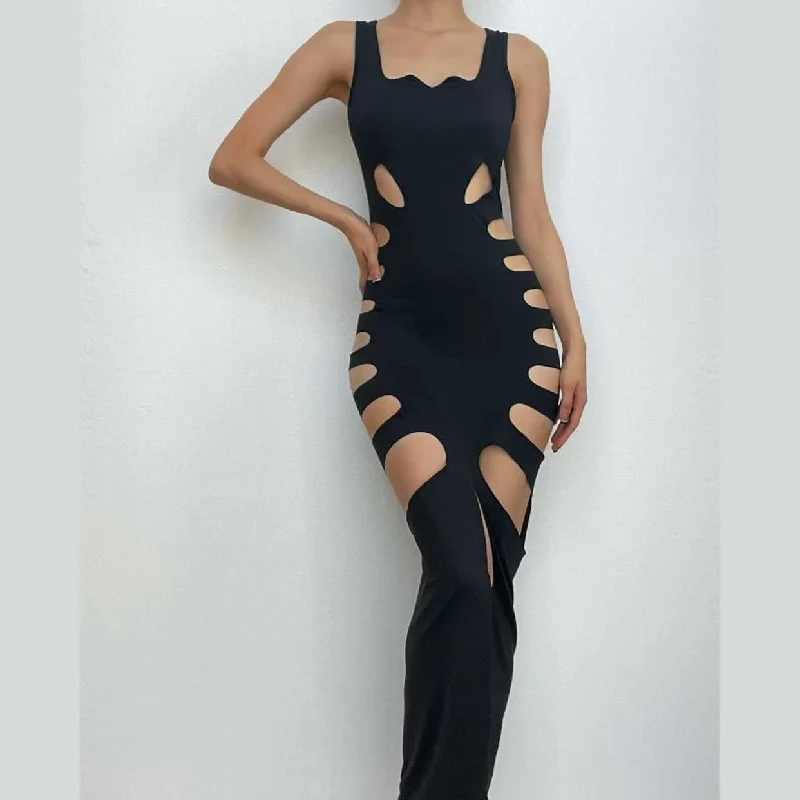 Hollow out solid slit sleeveless low cut cut out maxi dress