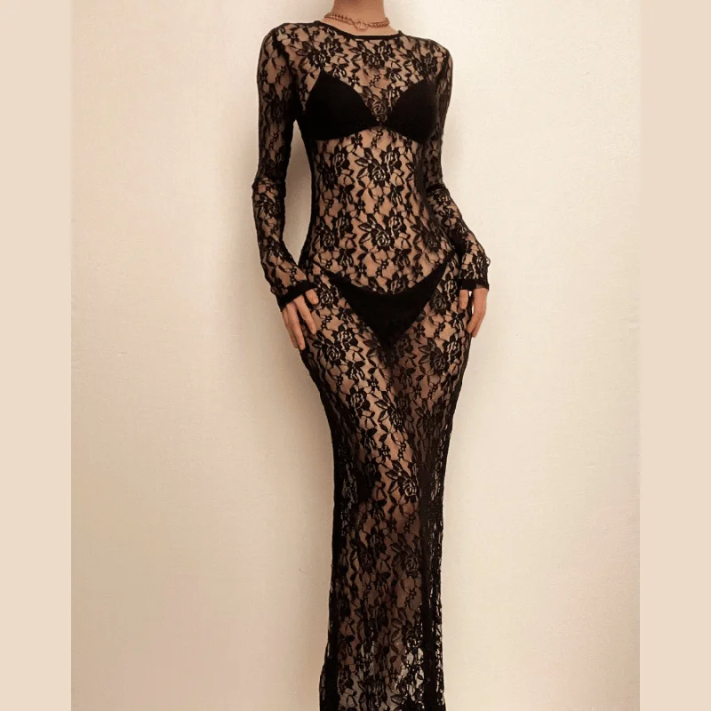 Lace see through long sleeve solid crewneck maxi dress