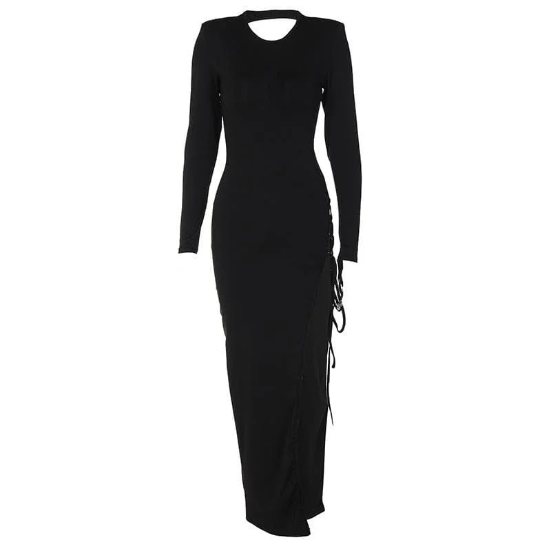 Lace up irregular long sleeve hollow out backless cut out maxi dress