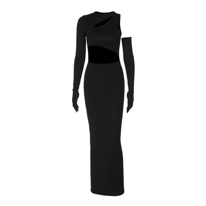 Long sleeve gloves irregular hollow out crewneck cut out maxi dress