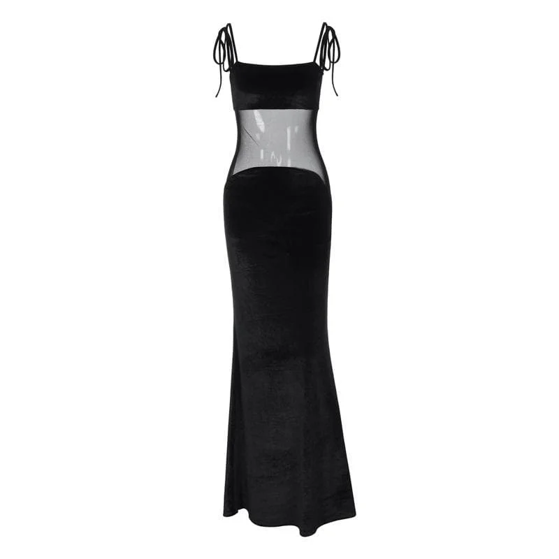 Self tie mesh patchwork backless velvet solid cami maxi dress