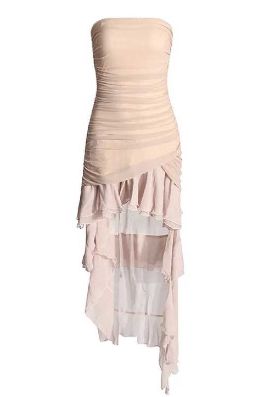 Asymmetric Strapless Ruched Mesh Panel Chiffon Tiered High Low Cocktail Dress