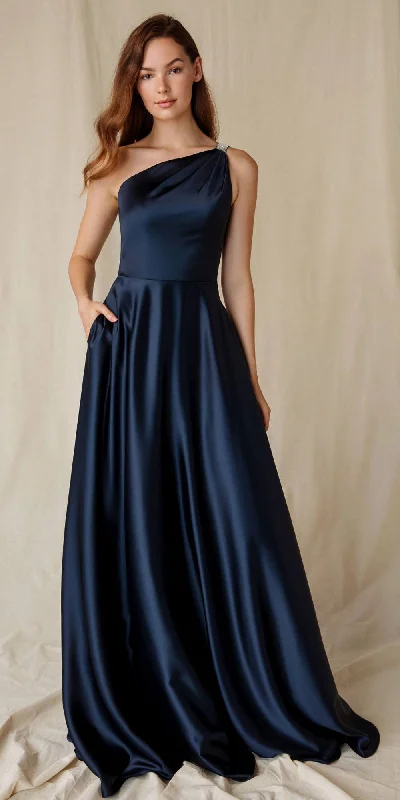 Eureka 9025 A-Line One Shoulder Satin Gown with Pockets