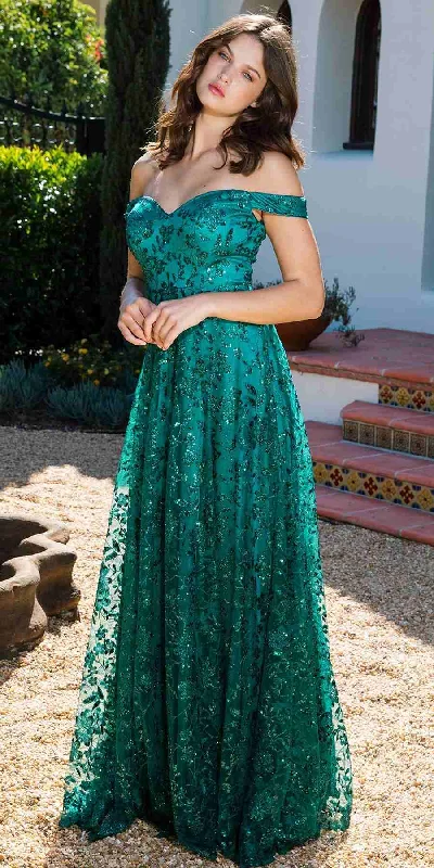 Eureka 9766 Long Off Shoulder A-Line Gown Glitter Print