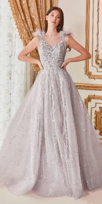 Cinderella Divine B704 Feathered Shoulder Tulle A-Line Ball Gown