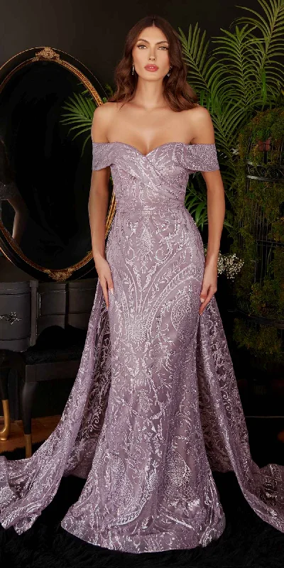 Ladivine J836 Long Off the Shoulder Lace Gown with Over Skirt