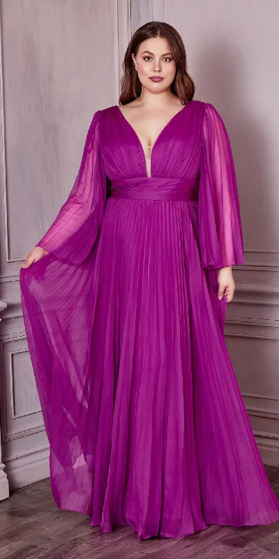 Cinderella Divine CD242C Pleated Chiffon Long Sleeve Gown