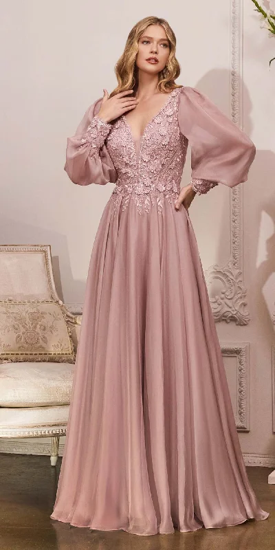 Cinderella Divine CD0183 Puff Long Sleeve Chiffon Formal Gown