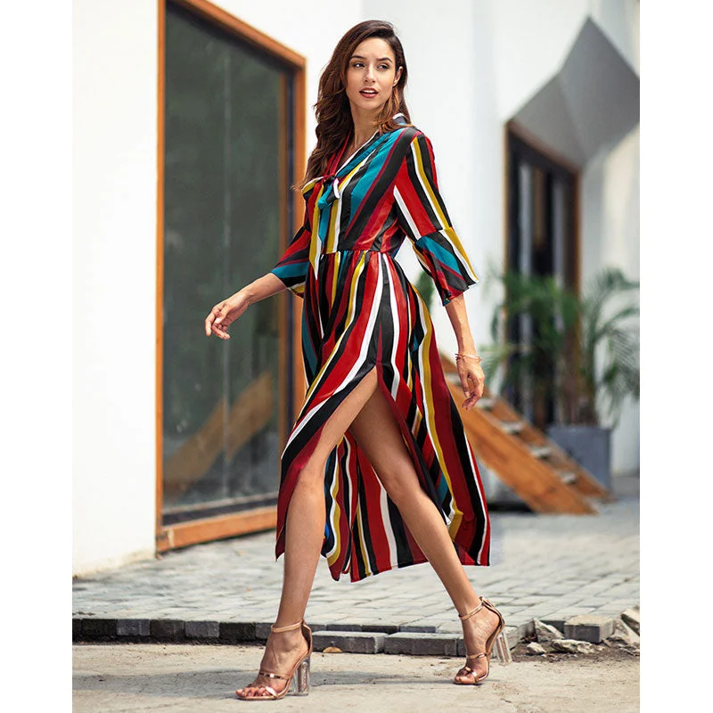 Rainbow Striped Bow Long Dress Women Fashion Split Hem Slim A-line Dresses Spring Autumn Ladies Elegant Party Dress High Quality