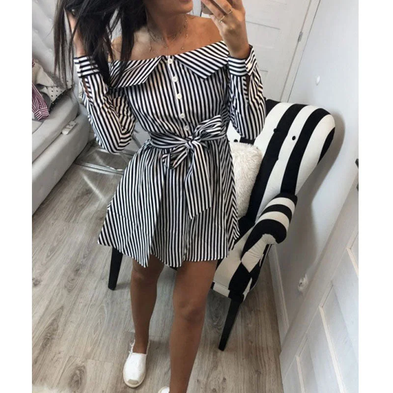 Sexy Striped Lacing Mini Dresses Women Solid Long Sleeve Off Shoulder A-line Dress Ladies Fashion Sweet Party Dress Vestidos New