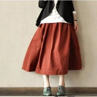 Brick red linen cotton baggy skirts vintage casual skirts