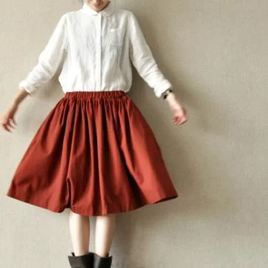 Burgundy cotton skirts elastic waist casual pleated skirts