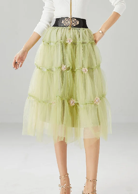 French Grass Green Floral Tulle Skirt Summer