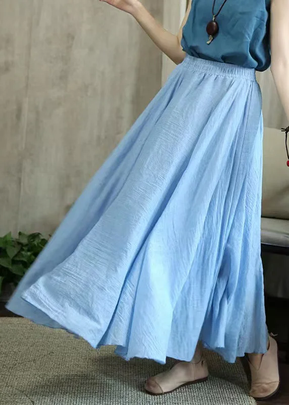 Loose Sky Blue Wrinkled Elastic Waist Cotton Skirts Fall