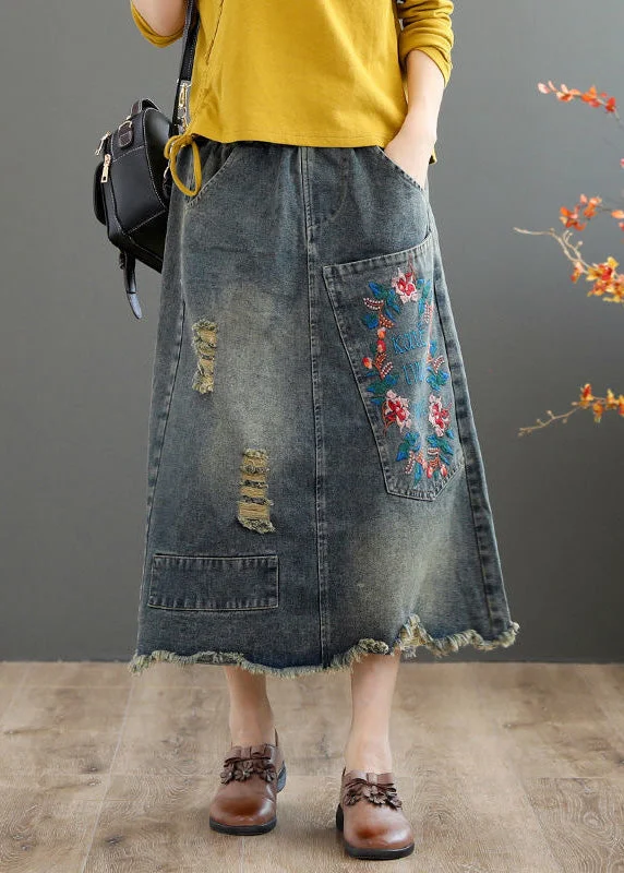 Vintage Blue Embroideried Floral Patchwork Patchwork A Line Skirt Summer