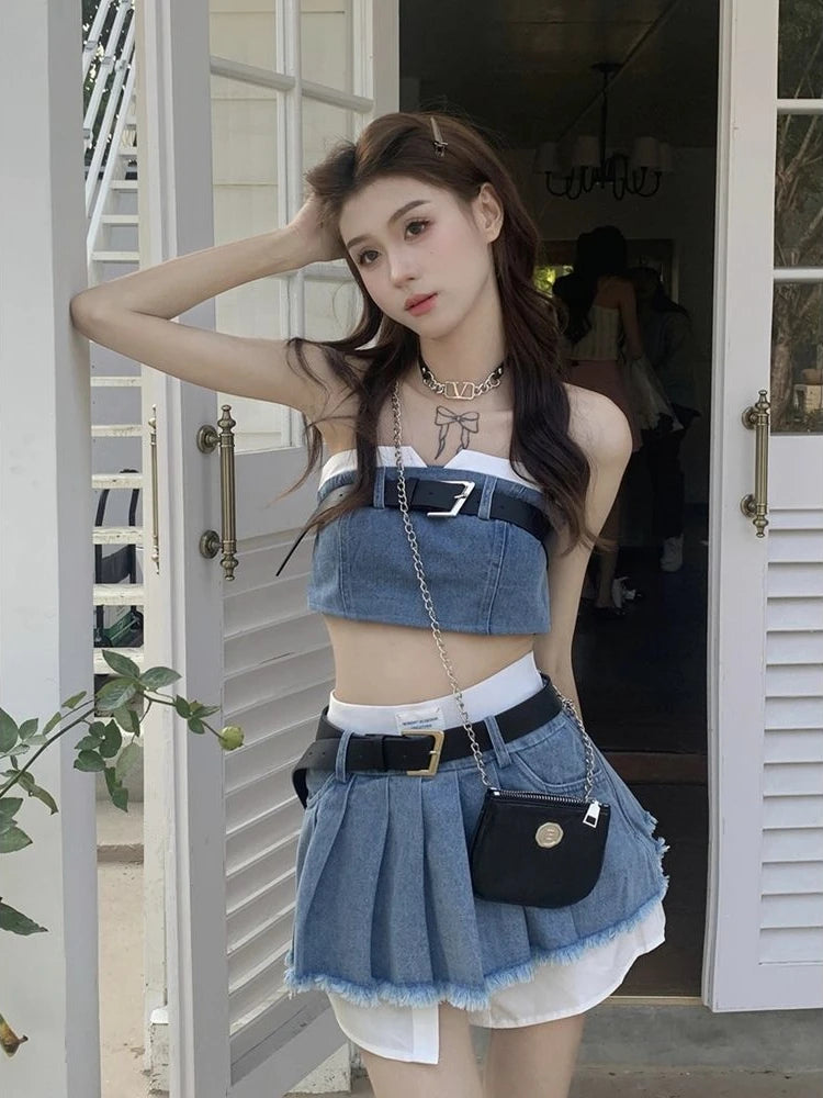 Znbbw Gyaru Matching Sets Tube Top Crop Tops High Waist Belt Pleated Patchwork Skirts Y2k 2000s Female Slim Two Piece Set