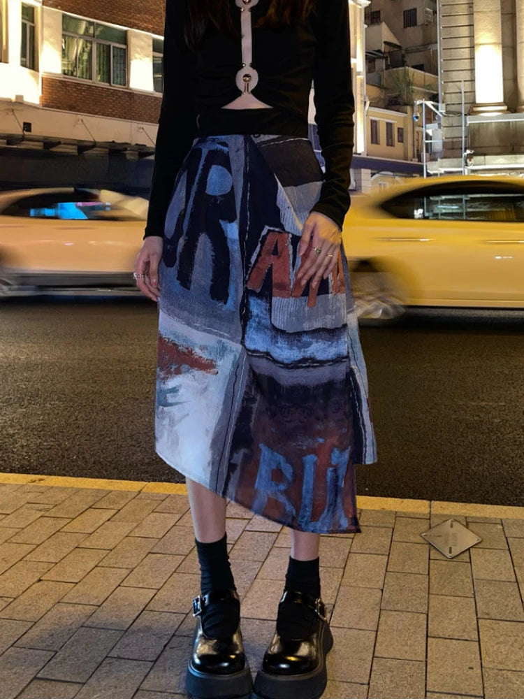 Znbbw Tie Dye Irregular Skirt 2024 Y2k High Waist Letter Print Women's Skirts Female Slim Harajuku Punk Gothic Mujer Faldas