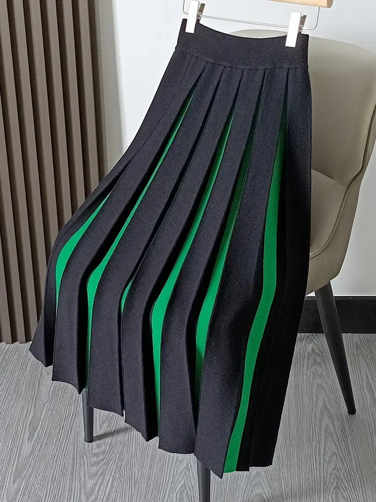 Znbbw Women Autumn Winter Skirt 2024 New Thick Knitting Color Temperament Tender Matching Big Hem Fashion Pleated Skirt D2099