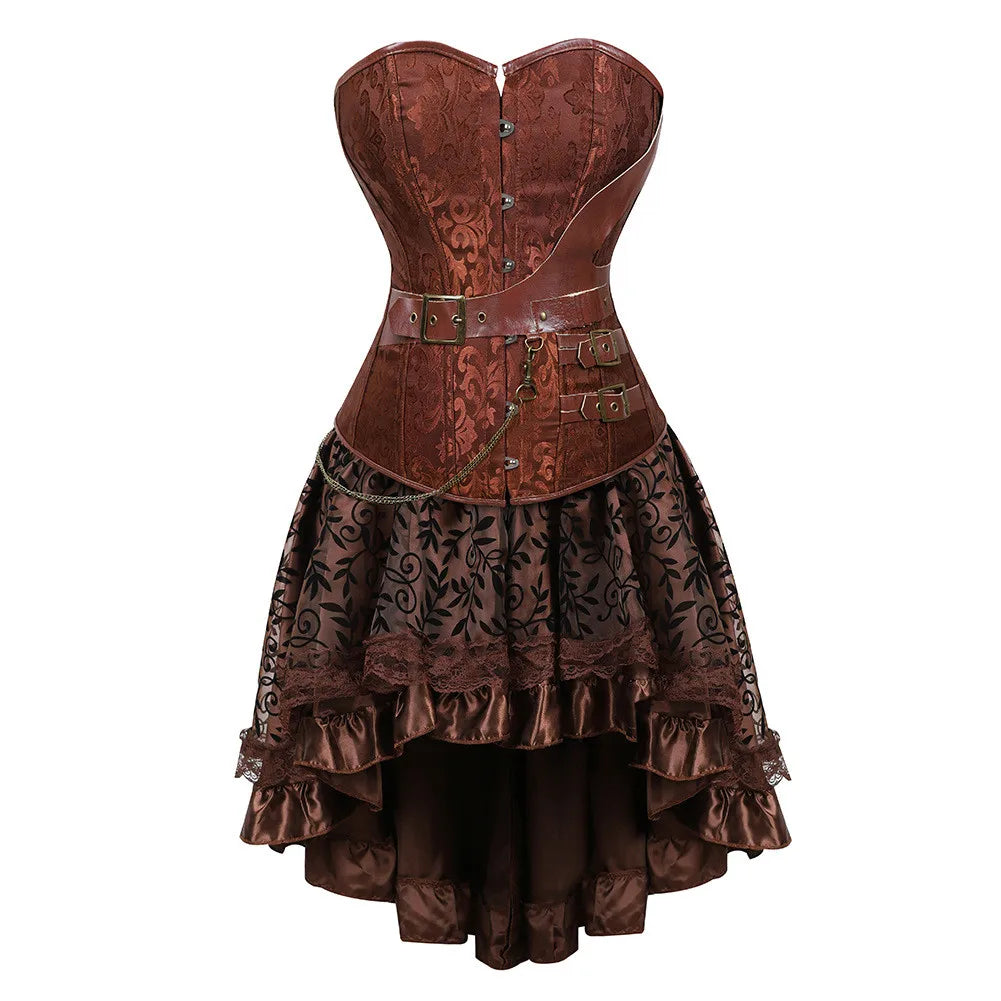 Znbbw Women`s European Steampunk Pirate Costume Women Corset Dress Skirt Lace Up Plus Size Brown Zipper Faux Leather Corset Dress