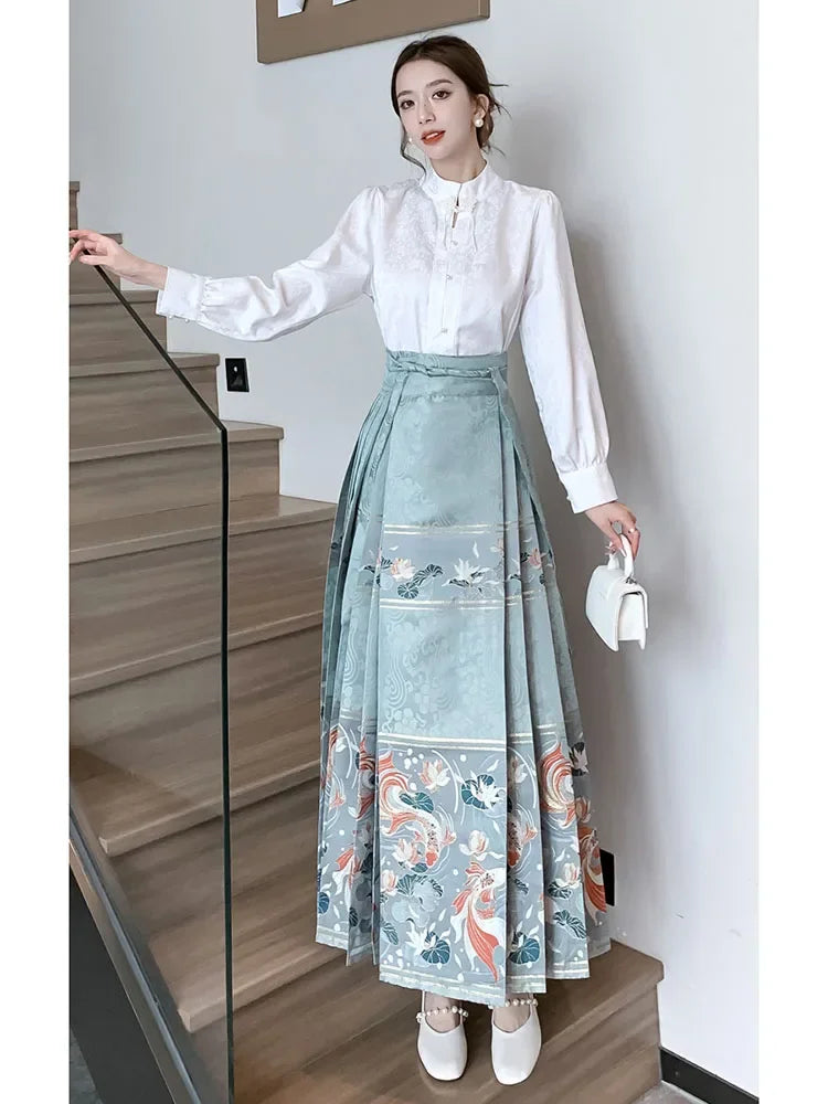 Znbbw Women Spring Autumn Skirt Temperament Daily Elegant New Chinese Style Retro Style Appear Thin Casual Horse-face Skirt D5700