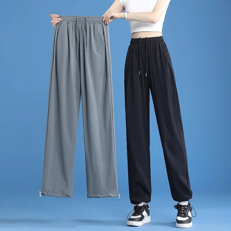 NiDELL Ankle-Tied Ice Silk Sports Pants Female Summer Thin Loose Quick-Drying Fitness Pants Plump Girls High Waist Fried Street Drooping Wide-Leg Pants