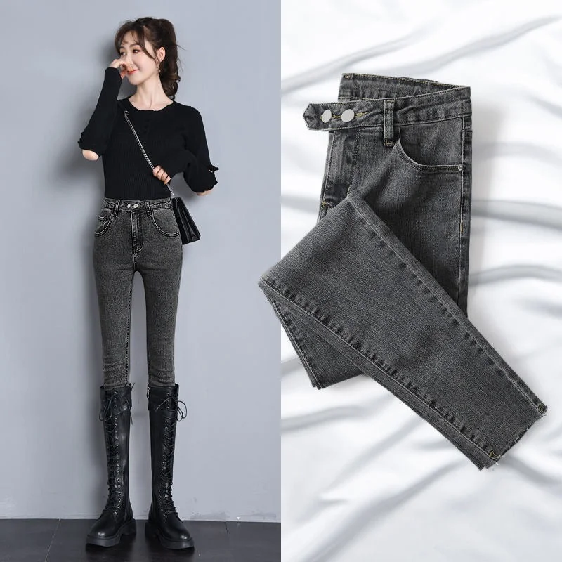 NiDELL Double Buckle High Waist Jeans for Women Slim Fit Early Spring New Black Skinny Stretchy Slimming Versatile Pencil Tappered Pants