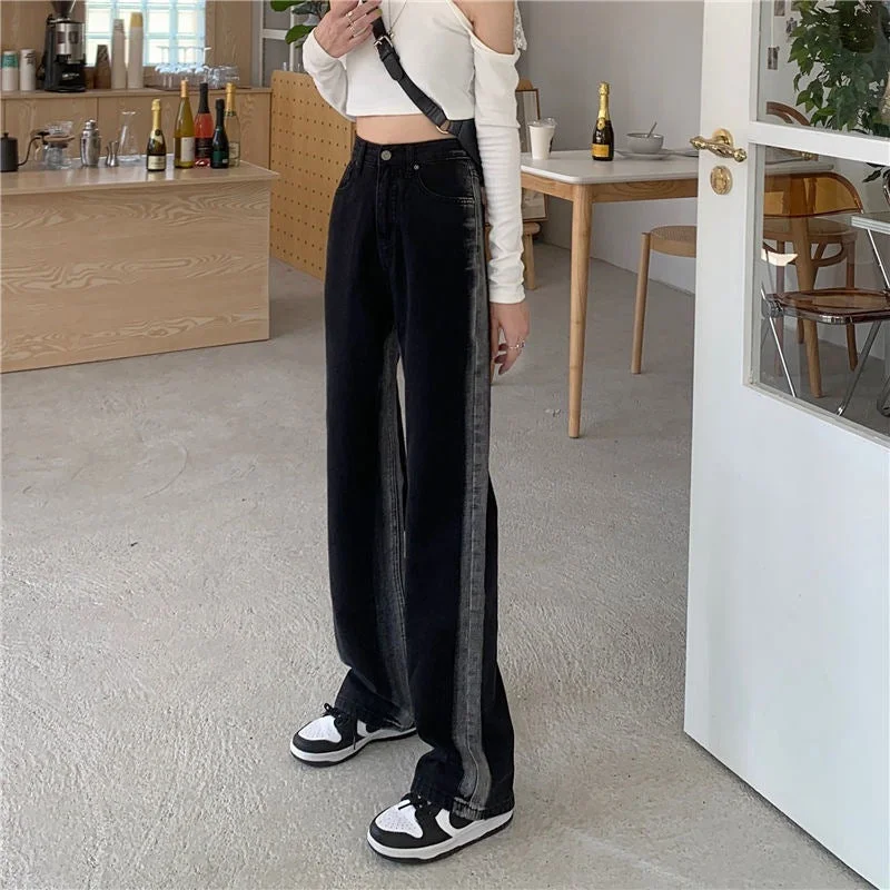 NiDELL Gradient Color . New Black Jeans Women's Spring High Waist Design Sense Small Loose Straight Mopping Pants