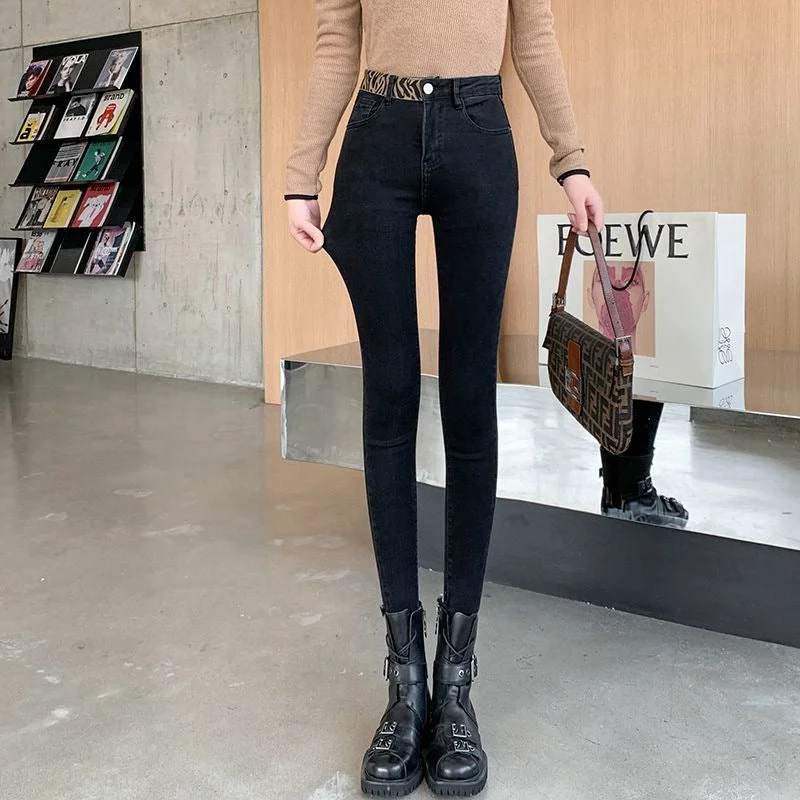 NiDELL High Waist Stretch Jeans for Women . New Slimming Korean Style Leopard Print Stitching Tight Pencil Tappered Pants Fashion