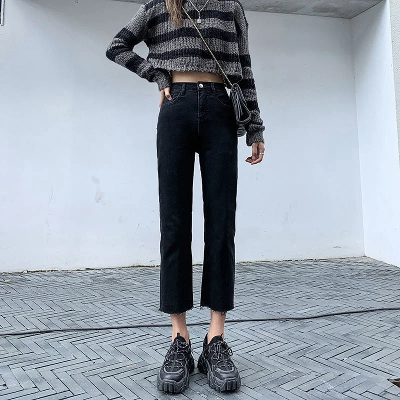 NiDELL High Waist Stretch Jeans Women's Design Straight Slimming Loose Student Versatile Small Ankle-Length Cigarette Pants Fashion