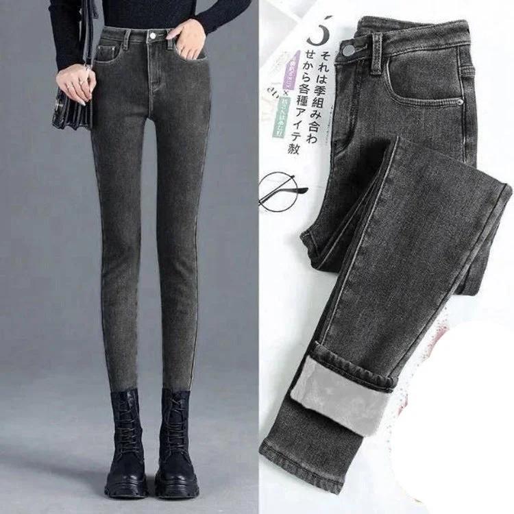 NiDELL High Waist Velvet Padded Skinny Jeans Women's Autumn and Winter . New Elastic Skinny Slimming Thick Warm Pencil Pants