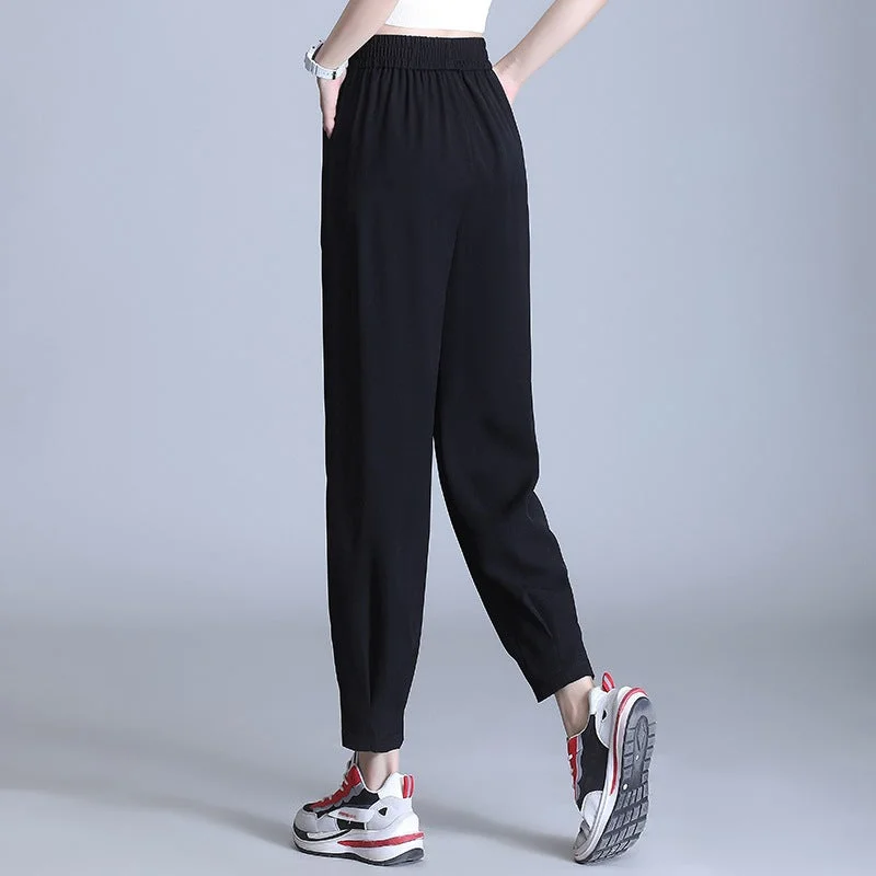 NiDELL Ice Silk Cropped Harem Pants Women's Spring and Autumn Thin . New Loose High Waist Drooping Small Straight Casual Pants