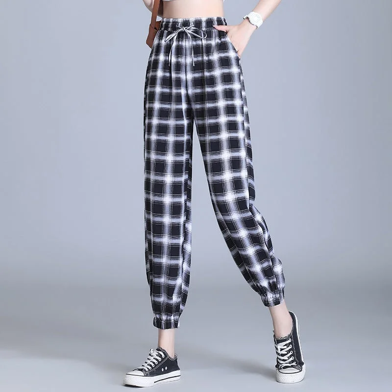 NiDELL Ice Silk Plaid Sports Pants Female Autumn and Summer Thin Cool Women's Lantern Pants plus Size Cropped Casual Ankle-Tied Harem Pants