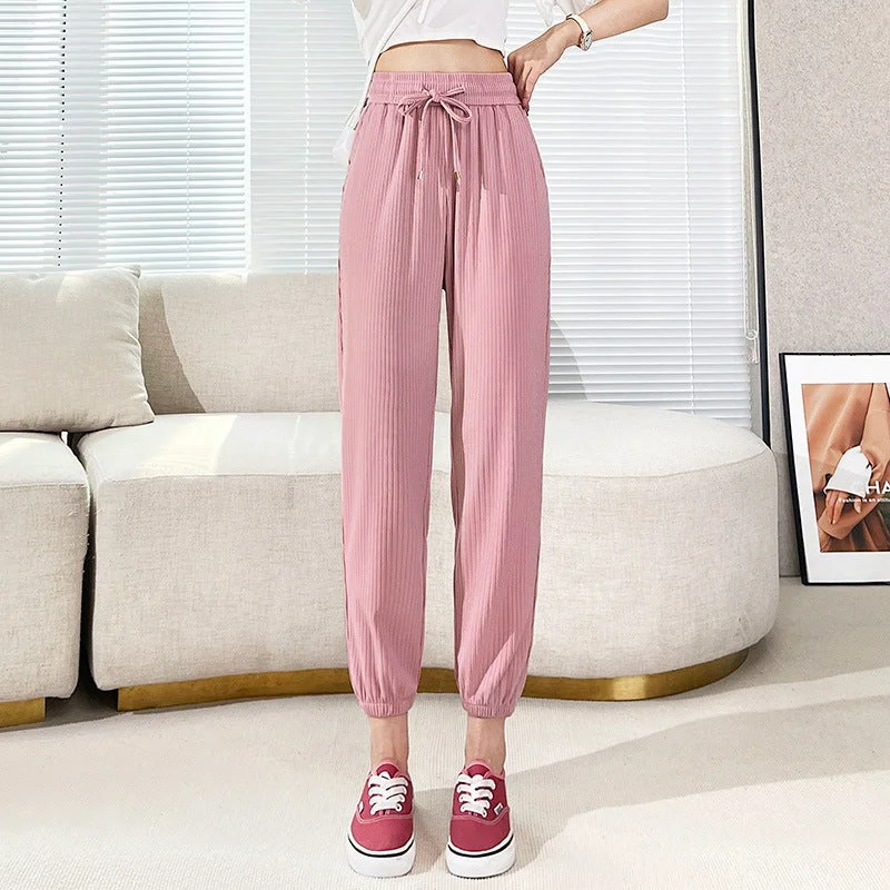 NiDELL Ice Silk Sports Pants Female Summer Small Thin High Waist Drooping Casual Pants Loose Tappered Ankle-Length Harem Pants