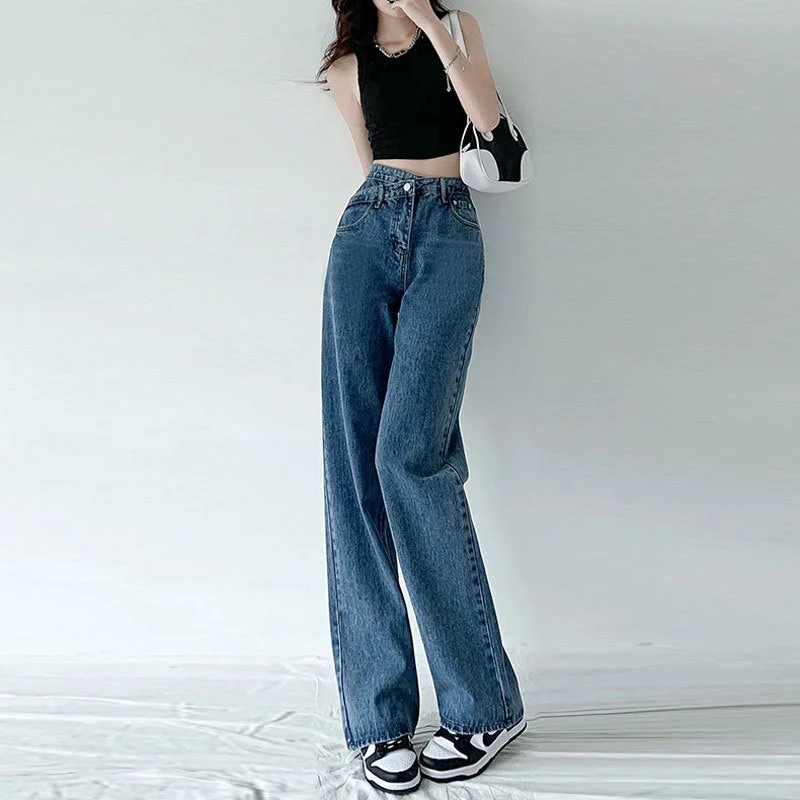 NiDELL Irregular Cross Waist Jeans Women's Autumn and Winter High Waist Casual Loose All-Matching Straight Wide Leg Mopping Pants