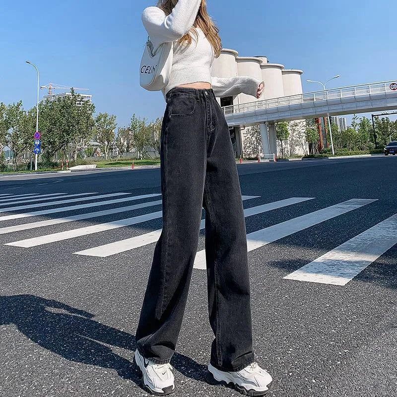 NiDELL Korean Style Black Gray Wide Leg Jeans Women's Spring and Autumn . New Student High Waist Straight Loose Mop Pants Summer