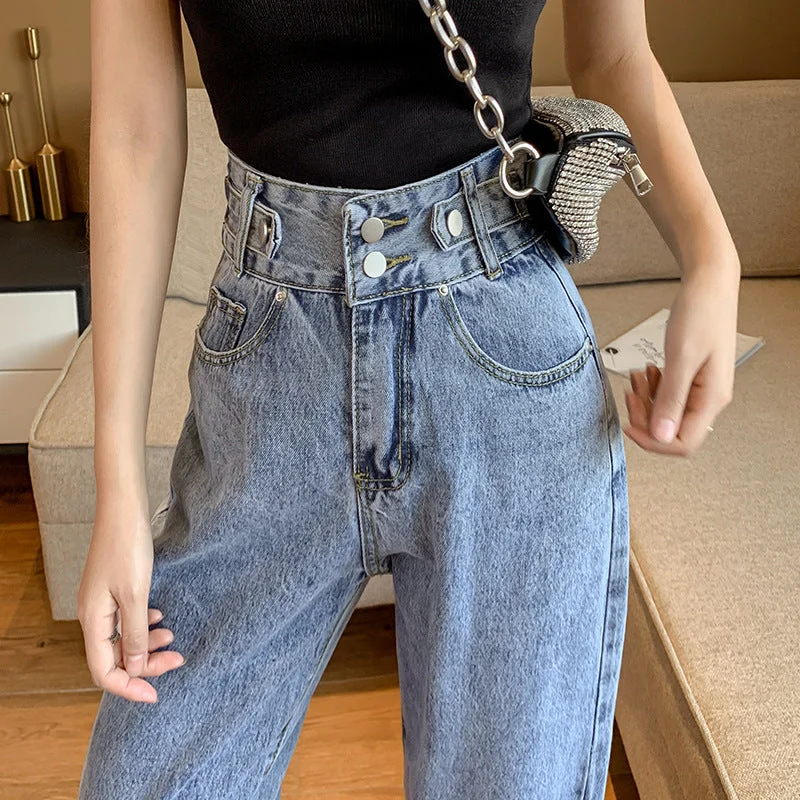 NiDELL Korean Style High Waist Jeans for Women . Autumn New Cropped Loose Slimming Daddy Wide Leg Ankle-Tied Harem Pants Fashion