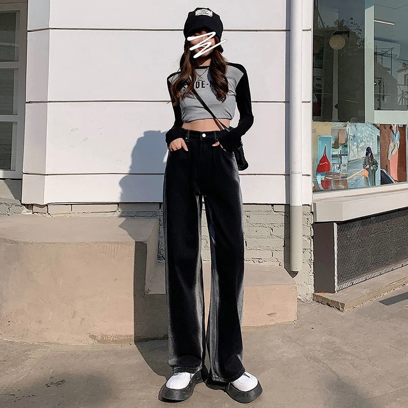 NiDELL Korean Style New Style Fried Street Gradient Contrast Wide Leg Jeans Women's Design Sense High Waist Loose and Slimming Straight Mopping Pants