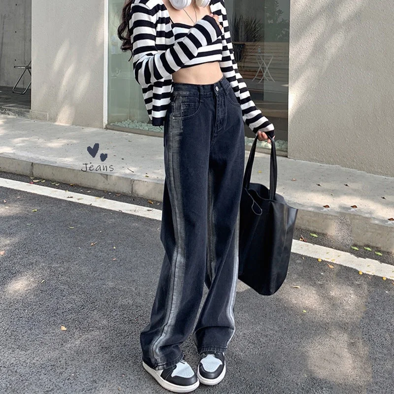 NiDELL Korean Vibe Style New Gradient Color Striped High Waist Slimming and Wide Leg Jeans Women's Straight Loose Mop Pants