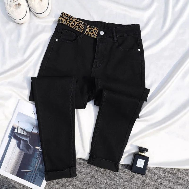 NiDELL Leopard Splicing New Smoky Gray Jeans Female Online Influencer High Waist Elastic Slim Fit Pencil Skinny Tappered Pants Children